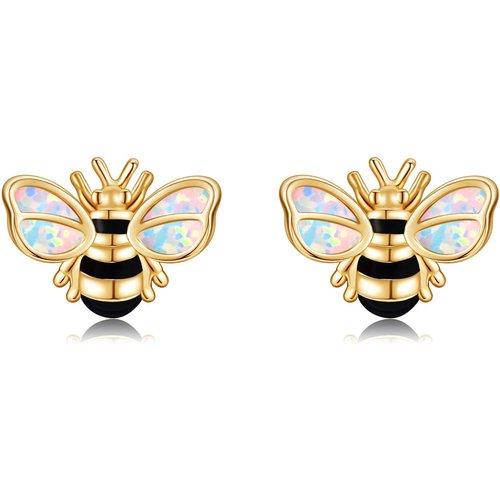 14K Gold Opal Bee Stud Earrings