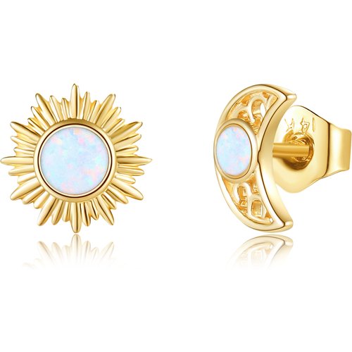 14K Gold Opal Moon & Sun Stud Earrings