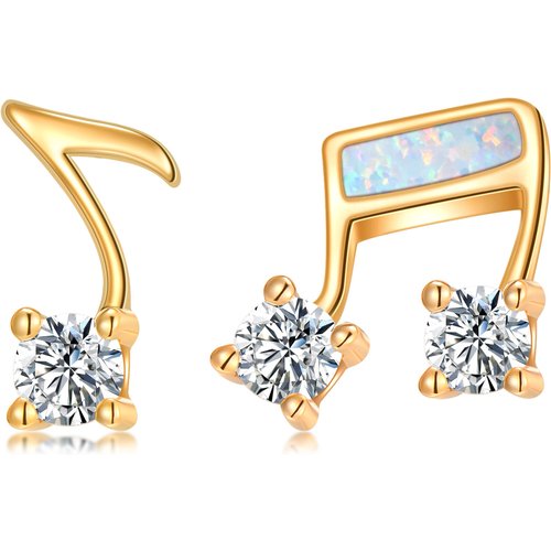14K Gold Cubic Zirconia & Opal Music Symbol Stud Earrings