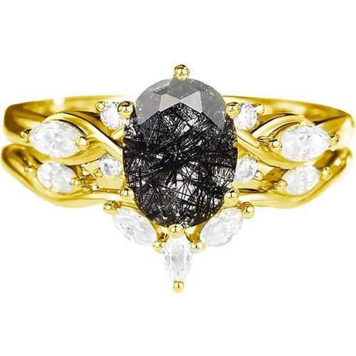 18K Gold Oval-Cut Black Rutilated Quartz Moissanite Engagement Ring
