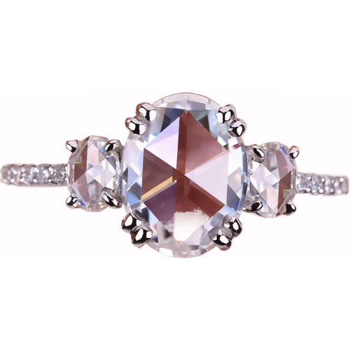 10K Gold Oval Rose Cut Diamond Three Stone Pavé Engagement Ring D Color VVS-VS Clarity IGI Certified