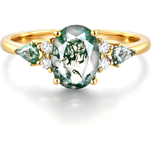 Sterling Silver with Yellow Gold Plated Pear Cut Moss Agate Engagement Ring