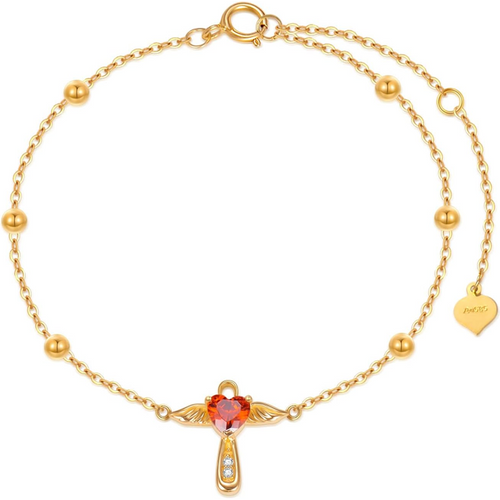 Gold Vermeil Personalized Birthstone & Angel Wing Cross Heart Bracelet for Women