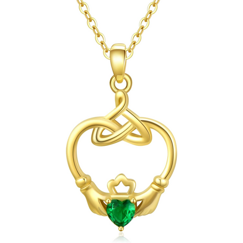 Gold Vermeil Personalized Birthstone Celtic Knot & Claddagh Heart Necklace for Women