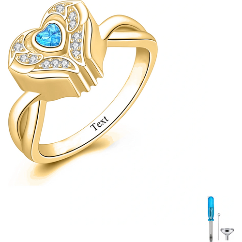 14K Gold Cubic Zirconia Personalized Engraving & Heart Urn Ring for Ashes