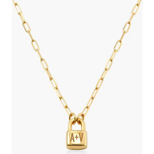 Gold Vermeil Personalized Initial Lock Necklace with Paper Clip Chain for Women men