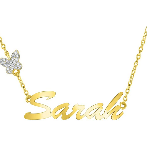 Gold Vermeil Cubic Zirconia Personalized Name Plated Butterfly Necklace for Women
