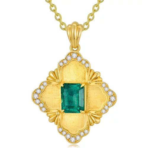 18K Gold Princess-square Shaped Emerald Flower Of Life Pendant Necklace