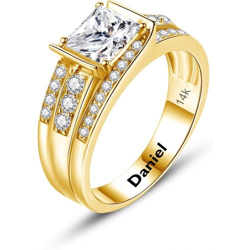 10K Gold Princess Shaped Moissanite Personalized Engraving & Engagement Ring for Men