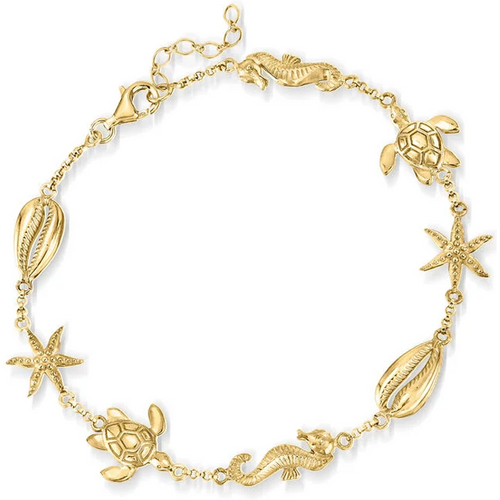 Sterling Silver with Yellow Gold Plated Summer Beach Sea Life Charm Anklet