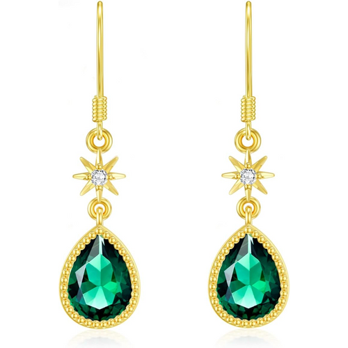 Gold Vermeil Synthetic Emerald Star Drop Earrings for Women