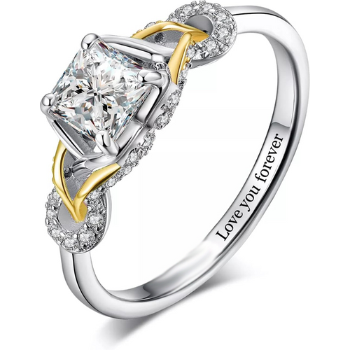 Sterling Silver Two-tone Moissanite Personalized Engraving & Square Wedding Ring for Women