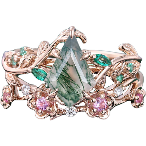 Sterling Silver with Rose Gold Plated Pear Cut Flower Of Life Moss Agate Bridal Set