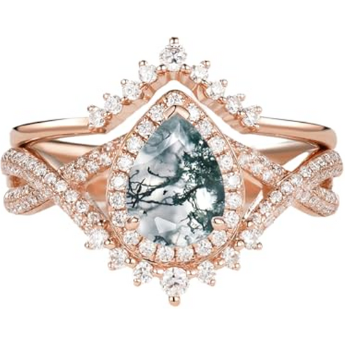14K Rose Gold 1.5 to 5 CT Pear Cut Cut Moss Agate Custom Engraving Engagement Band