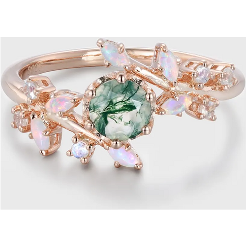 Sterling Silver with Rose Gold Plated Round Cut Leaves Moss Agate Engagement Ring