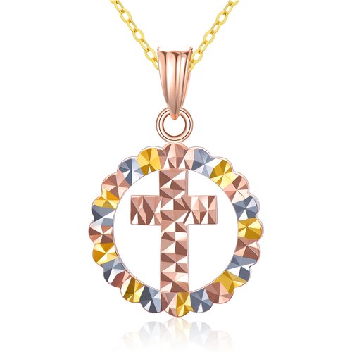 18K Gold Tri-Tone Cross Pendant Necklace For Women