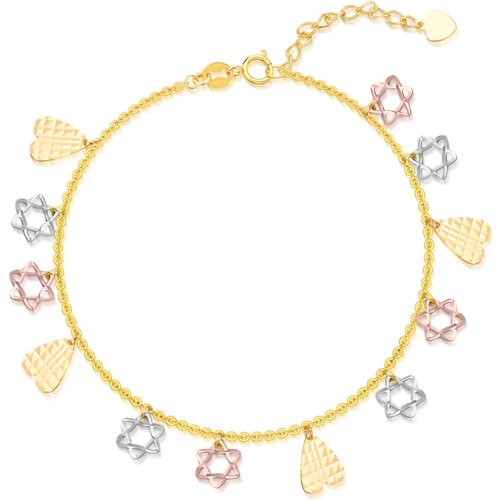 18K Silver & Gold & Rose Gold Heart Charm Bracelet For Women