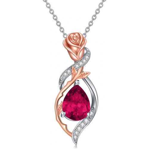 Sterling Silver Two-tone Personalized Birthstone Rose Drop Necklace for Women
