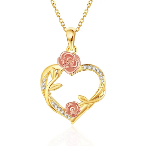 Sterling Silver Two-tone Cubic Zirconia Rose & Heart Necklace for Women