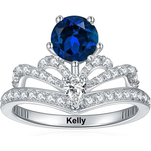 10K White Gold Round Shaped Cubic Zirconia Personalized Birthstone & Couple Ring