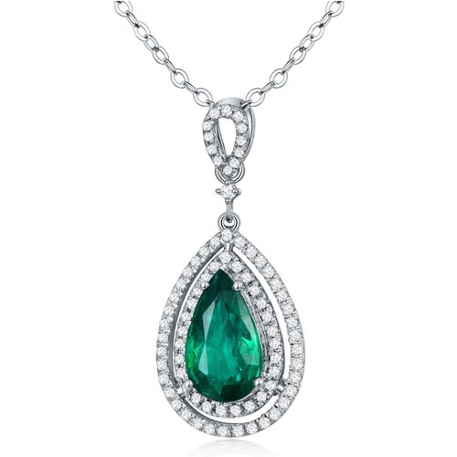 18K White Gold Diamond & Emerald Drop Shape Pendant Necklace