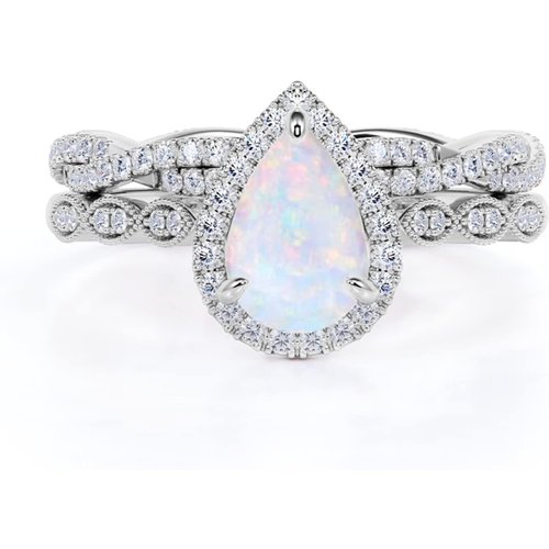 Sterling Silver Moissanite Drop Shape Blue Opal Personalized Engraving Engagement Ring