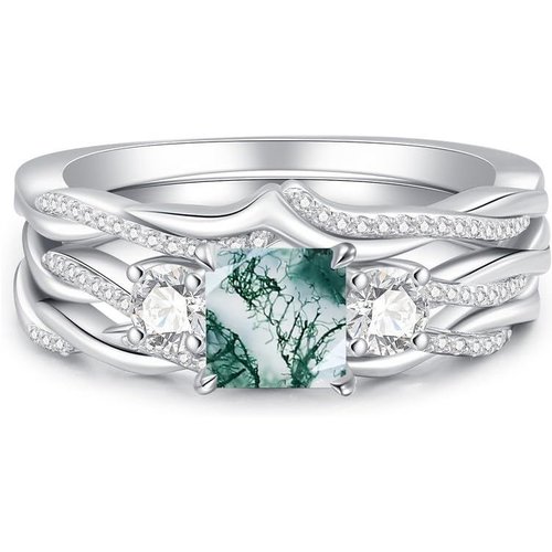 10K White Gold Moss Agate Ring