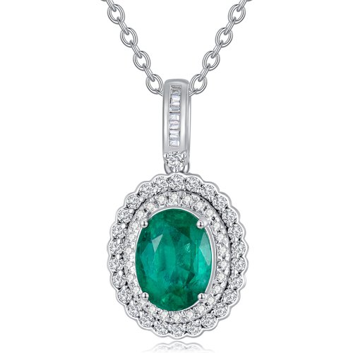 18K White Gold Oval Shaped Diamond & Emerald Oval Shaped Pendant Necklace