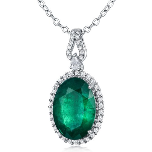 18K White Gold Oval Shaped Emerald Round Pendant Necklace