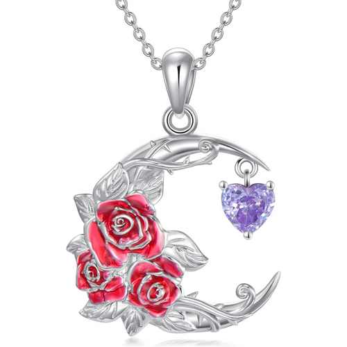 Sterling Silver Personalized Birthstone Rose & Heart Moon Necklace for Women