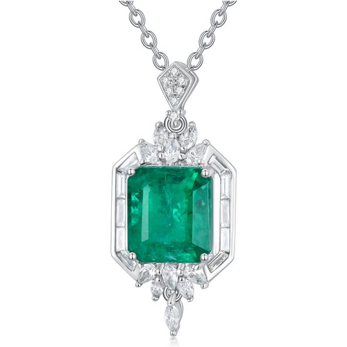 18K White Gold Princess-square Shaped Diamond & Emerald Square Pendant Necklace