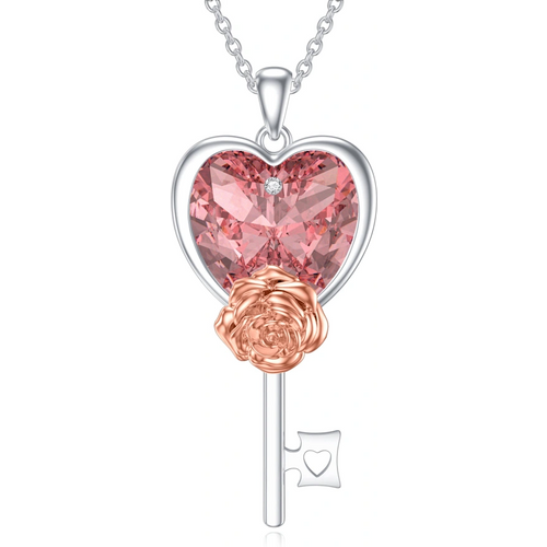 Sterling Silver Cubic Zirconia Rose Heart Lock Necklace for Women