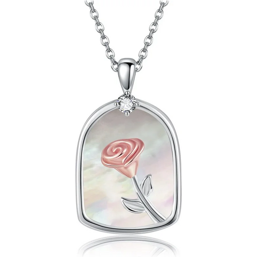 Sterling Silver Cubic Zirconia Rose & Shell Necklace for Women