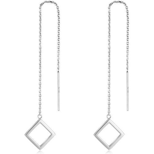18k White Gold Square Long Chain Dangle Threader Earrings for Women