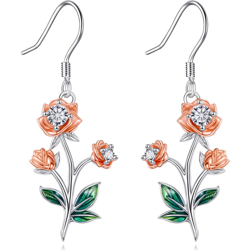 Sterling Silver Two-tone Cubic Zirconia Rose Drop Earrings for Women