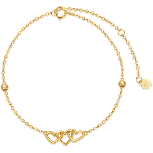 9K Yellow Gold Heart With Heart Bead Charm Bracelet For Women