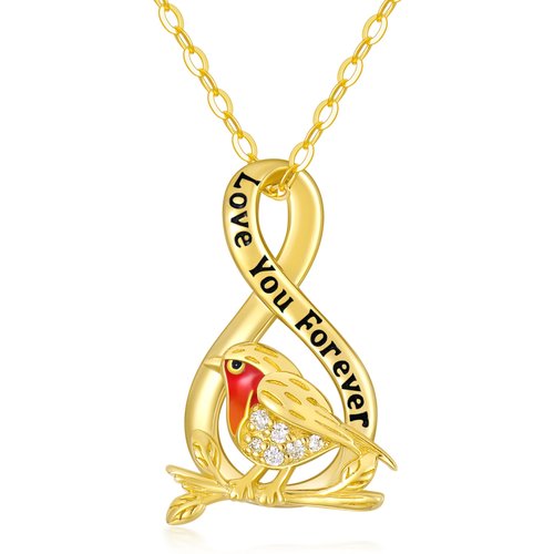 9K Gold Cubic Zirconia Bird & Infinity Symbol Pendant Necklace with Engraved Word