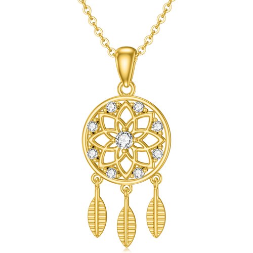 9K Gold Circular Shaped Cubic Zirconia Dream Catcher Pendant Necklace