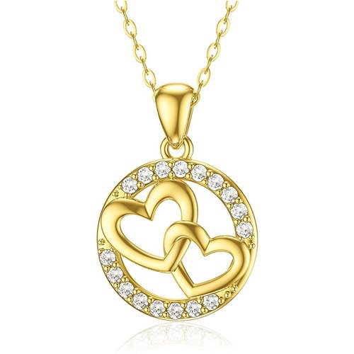 9K Gold Circular Cubic Zirconia Interlocking Hearts Pendant Necklace For Women