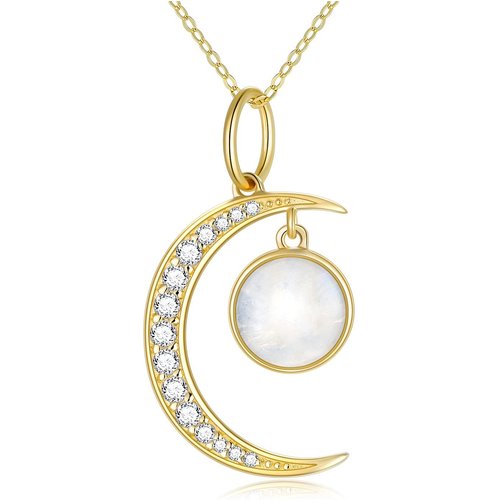 9K Gold Circular Shaped Moonstone Moon Pendant Necklace