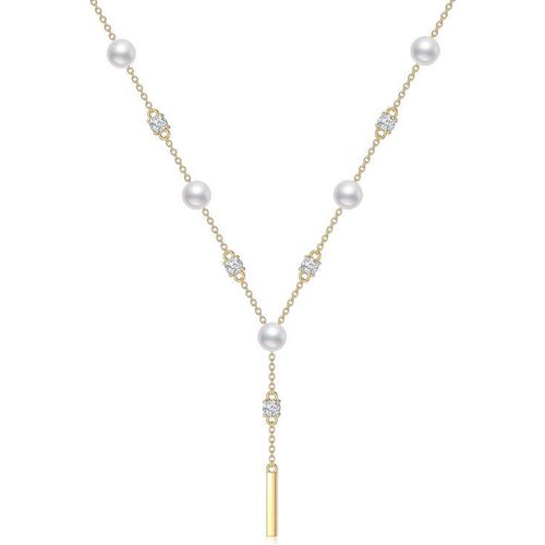 9K Gold Circular Shaped Cubic Zirconia & Pearl Non-adjustable Y-Necklace