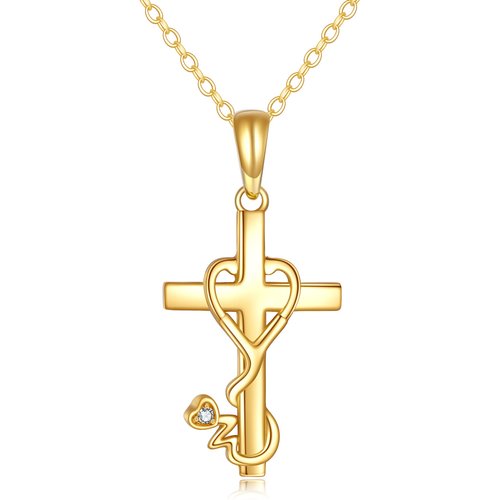 9K Gold Cubic Zirconia Cross & Stethoscope Pendant Necklace For Women