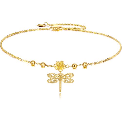 9K Gold Dragonfly & Flowers Single Layer Charm Anklet for Women