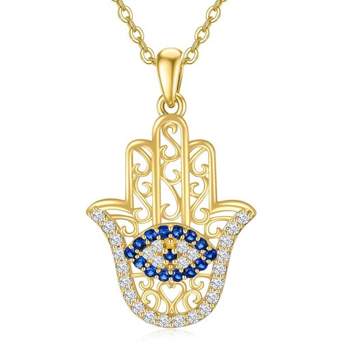 9K Gold Cubic Zirconia Evil Eye & Hamsa Hand Pendant Necklace