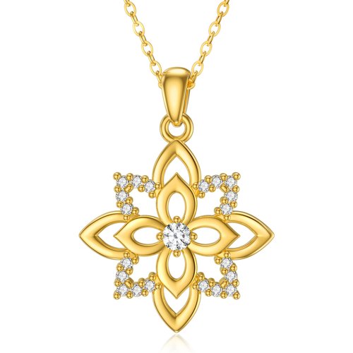 9K Gold Cubic Zirconia Four Leaf Clover & Lotus Pendant Necklace