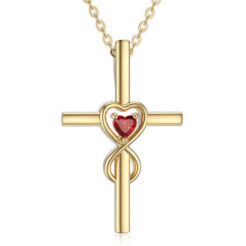 9K Gold Heart Cubic Zirconia Cross & Interlocking Hearts Pendant Necklace For Women