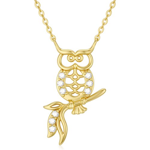 9K Gold Cubic Zirconia Owl Pendant Necklace