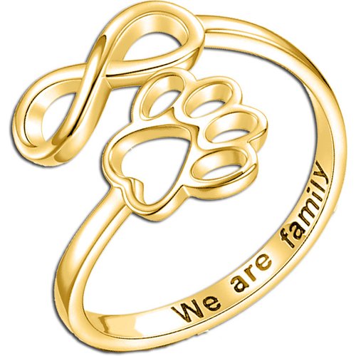 9K Gold Paw & Infinity Symbol Open Ring with Engraved Word