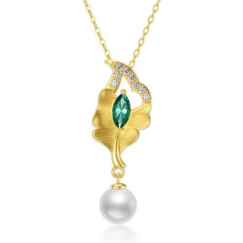 9K Gold Pearl Leaves Pendant Necklace