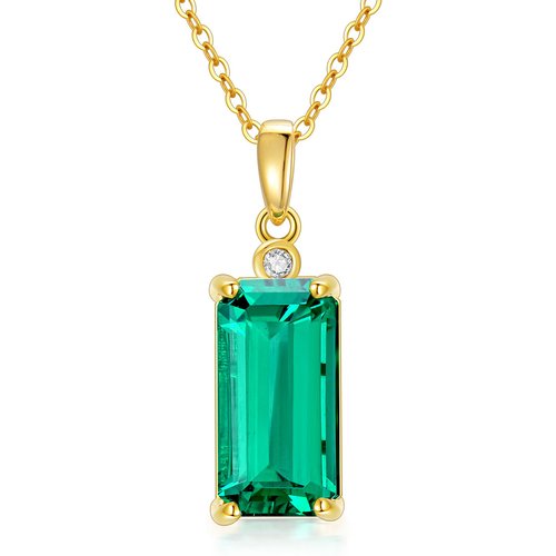 9K Gold Princess-square Shaped Diamond & Emerald Square Pendant Necklace